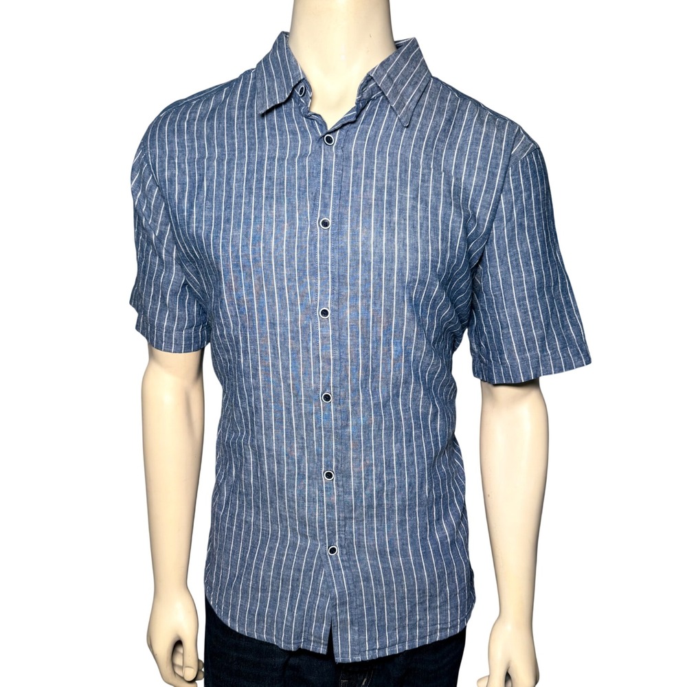 Report Collection Button Down Mens XL Blue Excellent Linen Blend Pinstripe Shirt